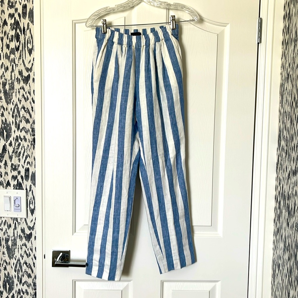 J Crew denim/white stripe elastic waist pants, size 0.